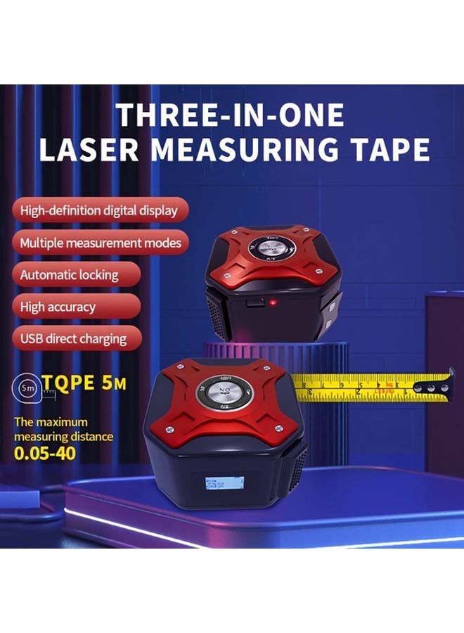 3 In 1 Digital Laser Tape Measure USB Rechargeable High Definition LCD Display Red - Image 5