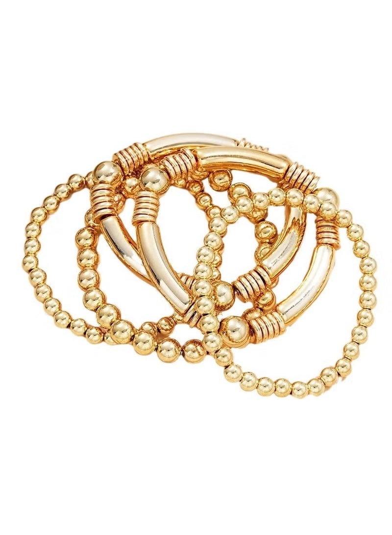 Huitich 5-Piece Gold Colour Beaded Stretch Bracelet Set  - Image 1