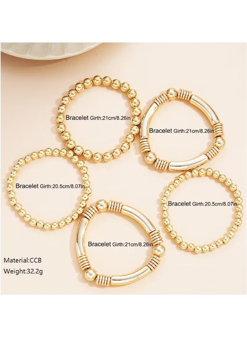Huitich 5-Piece Gold Colour Beaded Stretch Bracelet Set  - Image 2