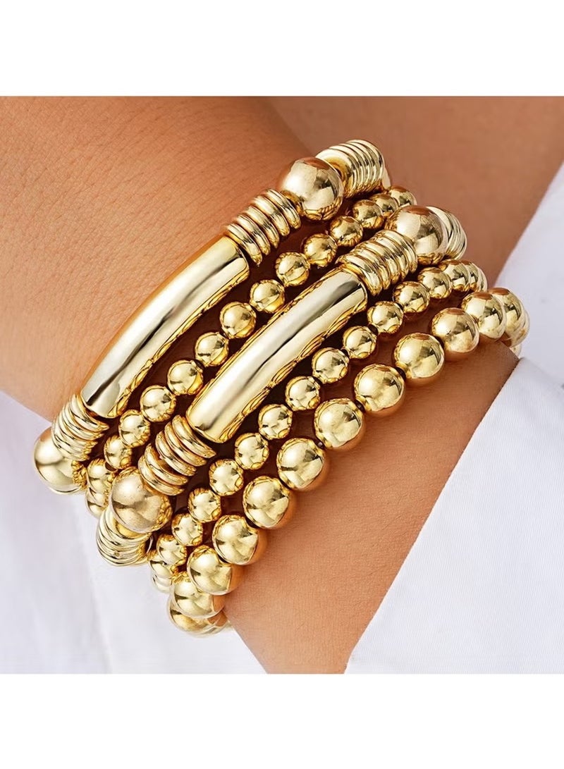 Huitich 5-Piece Gold Colour Beaded Stretch Bracelet Set  - Image 3