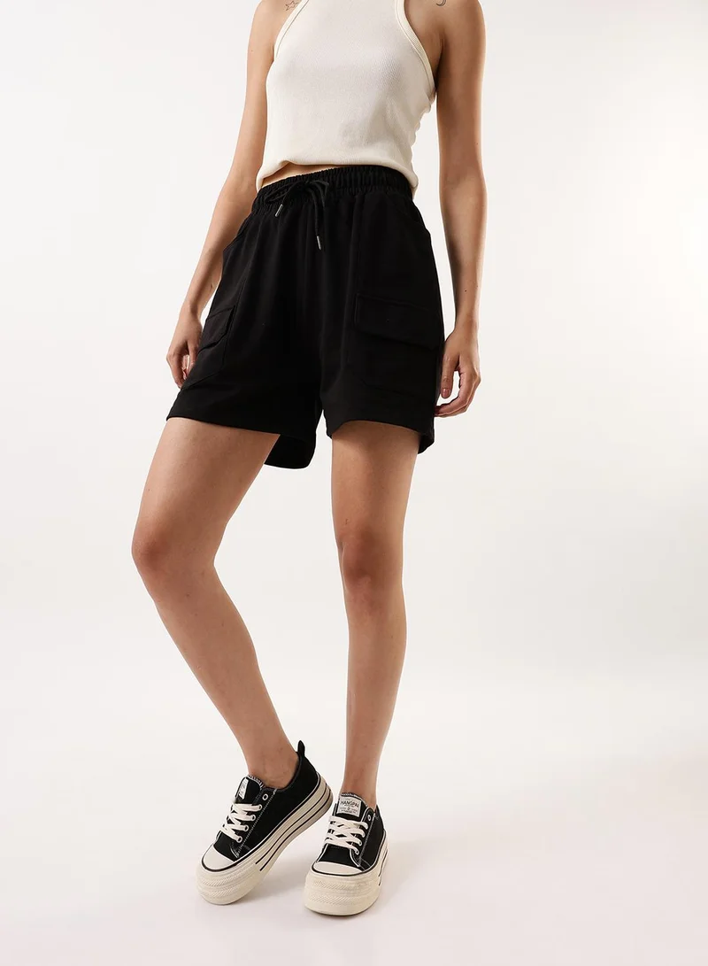 Dennis Lingo Women's Black Cotton Blend Solid Cropped Athleisure Relaxed Athleisure Shorts