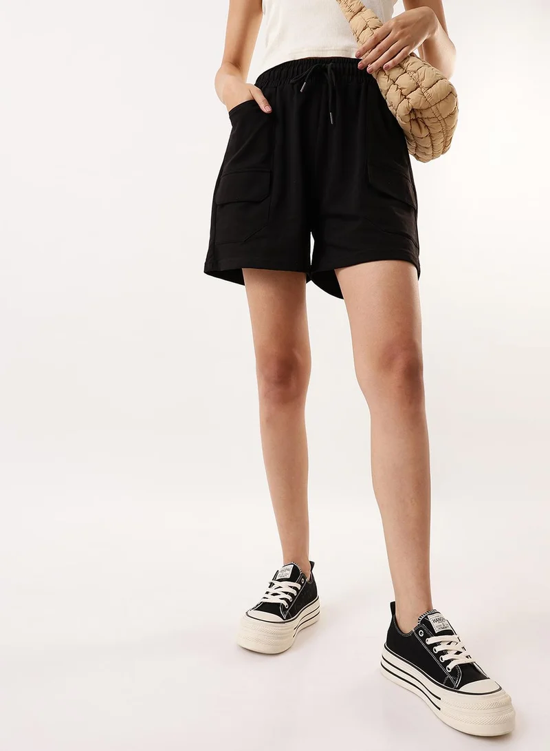 Dennis Lingo Women's Black Cotton Blend Solid Cropped Athleisure Relaxed Athleisure Shorts