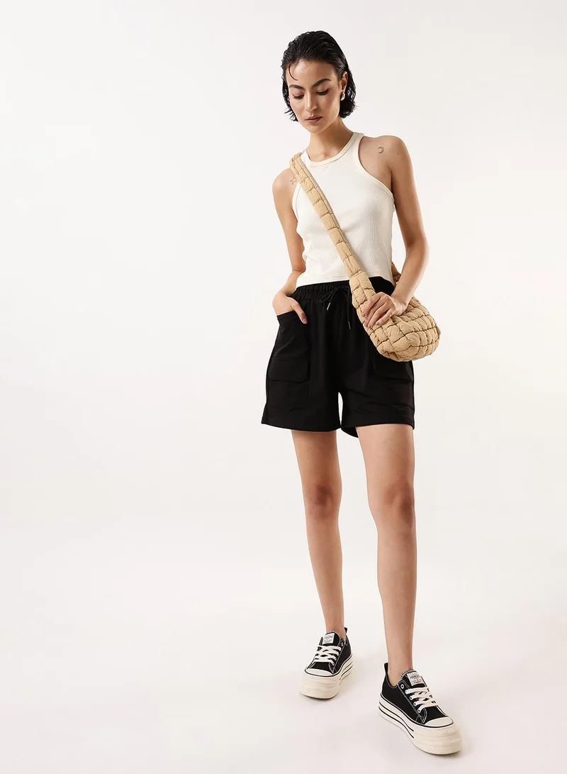 Dennis Lingo Women's Black Cotton Blend Solid Cropped Athleisure Relaxed Athleisure Shorts