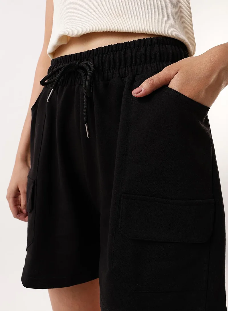 Dennis Lingo Women's Black Cotton Blend Solid Cropped Athleisure Relaxed Athleisure Shorts