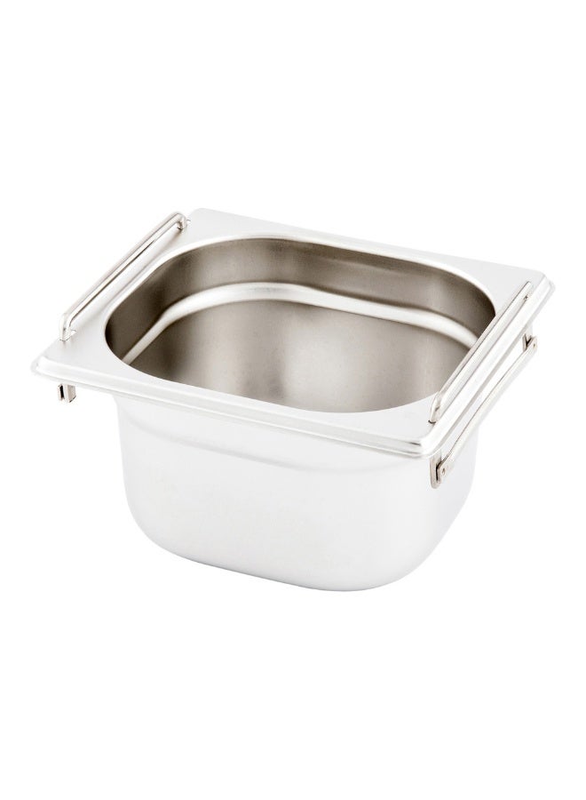 Restaurantware Met Lux 7 Inch x 6.4 Inch x 4 Inch Steam Table Pan, 1 One Sixth Hotel Pan - Anti-Jam, Deep, Silver Stainless Steel Table Pan, With Collapsible Handles, For Parties Or Events - Image 1