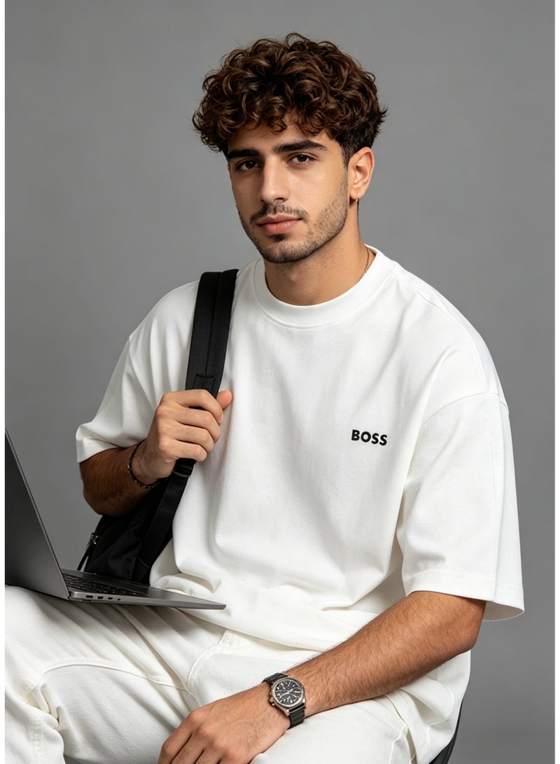 BOSS Men’s Printed Logo Crew Neck Oversized Casual Short Sleeve Premium Cotton T-Shirt White - Image 3