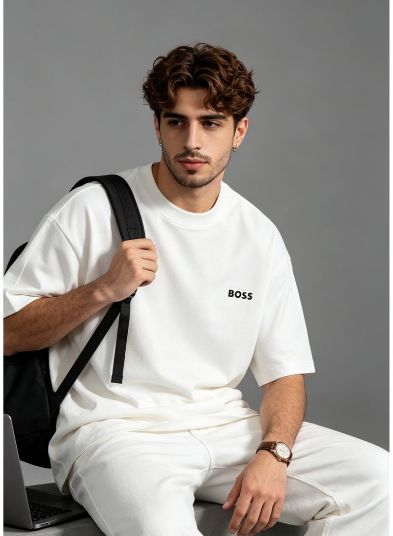 BOSS Men’s Printed Logo Crew Neck Oversized Casual Short Sleeve Premium Cotton T-Shirt White - Image 5