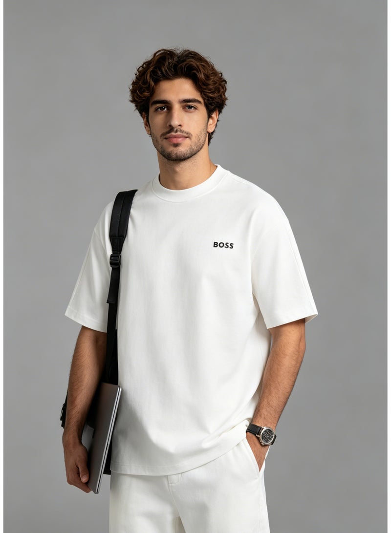BOSS Men’s Printed Logo Crew Neck Oversized Casual Short Sleeve Premium Cotton T-Shirt White - Image 1