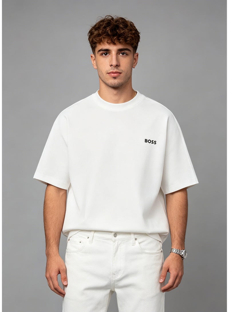 BOSS Men’s Printed Logo Crew Neck Oversized Casual Short Sleeve Premium Cotton T-Shirt White - Image 4