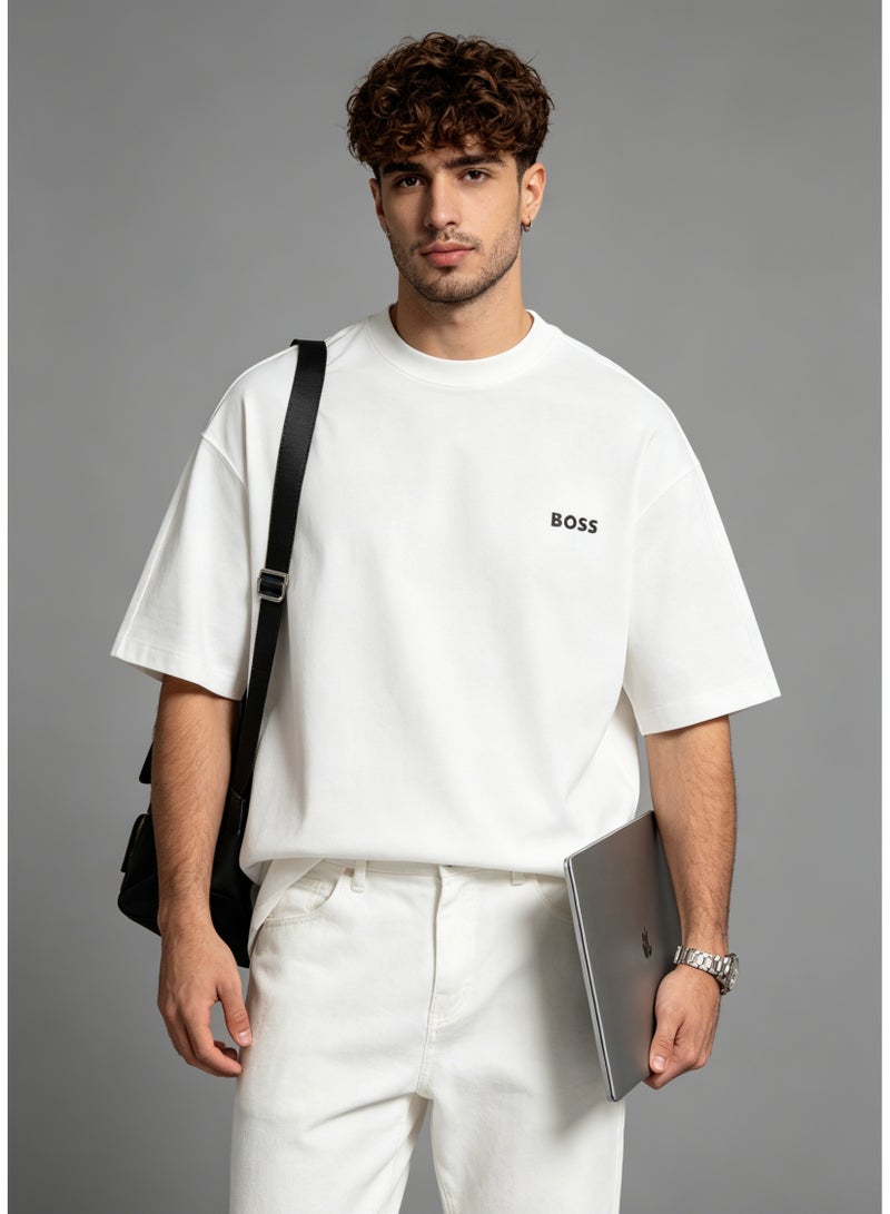 BOSS Men’s Printed Logo Crew Neck Oversized Casual Short Sleeve Premium Cotton T-Shirt White - Image 2