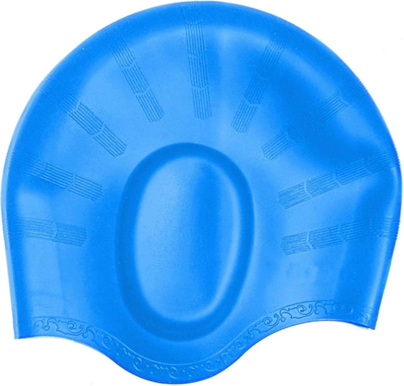SHOWAY Women and Mens Adult Swim Cap Silicone 3D Ear Protection Soft Long Hair Swim Hat Durable Silicone Swimming Caps (Blue)