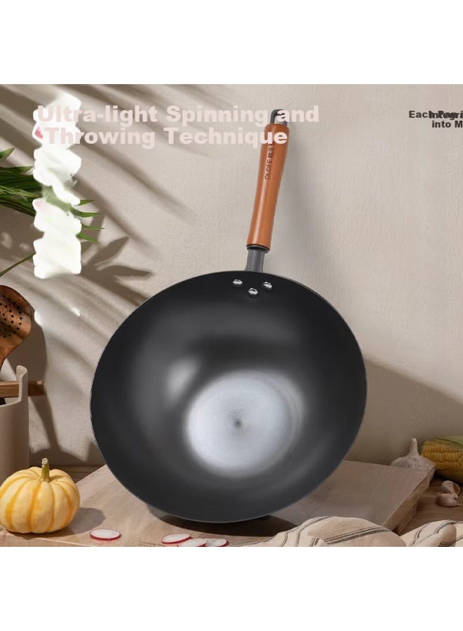 Olofe Ultra-light Iron Wok Non-coated Lightweight Quick-heating Round Bottom Iron Pan Traditional Gas Stove Frying Pan 32cm - Image 2