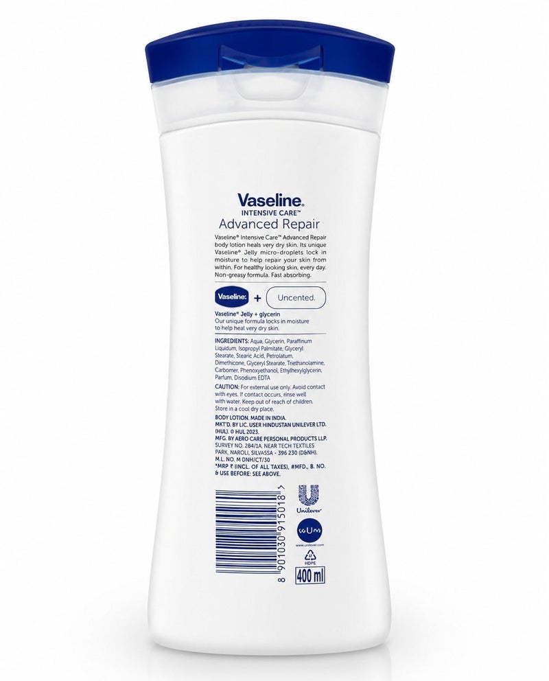 Vaseline Intensive Care Advanced Repair Body Lotion Fragrance Free, Deep Moisturizing Lotion for Dry to Very Dry Skin, 72-Hour Hydration with Vaseline Jelly, Fast Absorbing Daily Skin Care, 400ml (Pack of 3) - Image 5