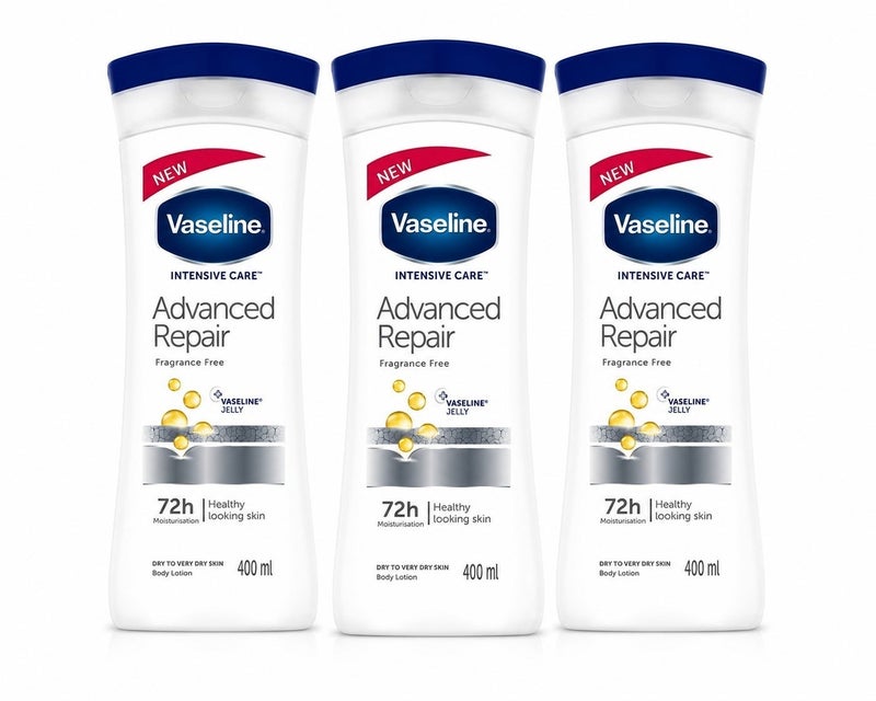 Vaseline Intensive Care Advanced Repair Body Lotion Fragrance Free, Deep Moisturizing Lotion for Dry to Very Dry Skin, 72-Hour Hydration with Vaseline Jelly, Fast Absorbing Daily Skin Care, 400ml (Pack of 3) - Image 1