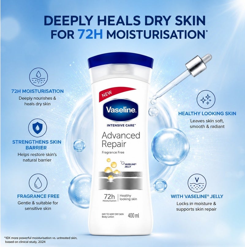 Vaseline Intensive Care Advanced Repair Body Lotion Fragrance Free, Deep Moisturizing Lotion for Dry to Very Dry Skin, 72-Hour Hydration with Vaseline Jelly, Fast Absorbing Daily Skin Care, 400ml (Pack of 3) - Image 4