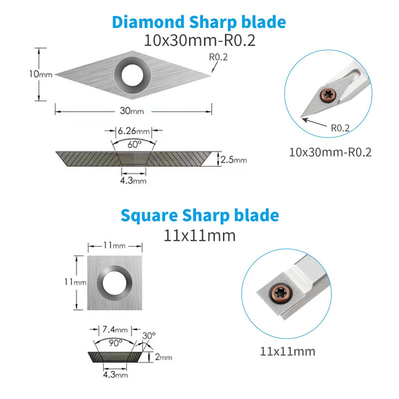 DEEFIINE 18 Pieces Tungsten Carbide Cutters Inserts Set for Wood Lathe Turning Tools Include 11 mm Square with Radius, 12 mm and 8.9 mm Round, 30 x 10 mm Diamond with Pointed Point,6 Pieces screws. - Image 4