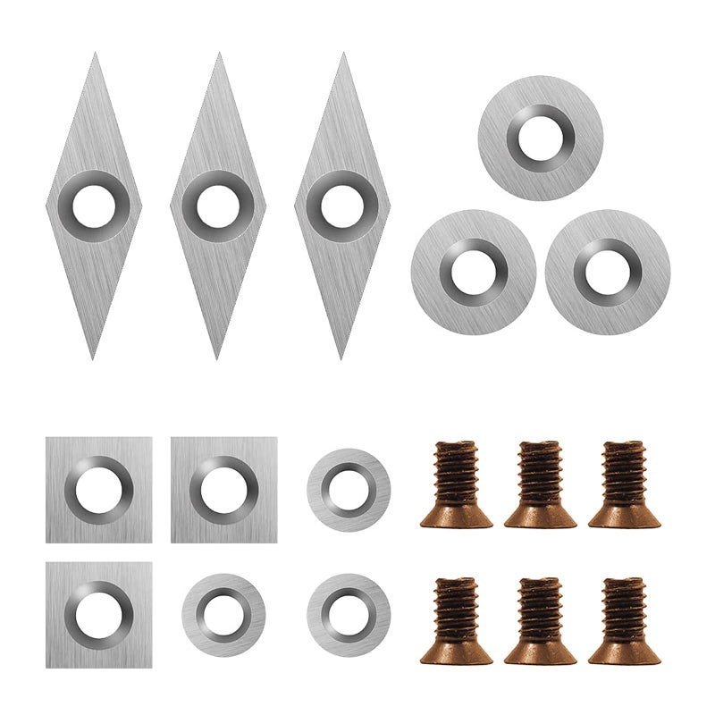 DEEFIINE 18 Pieces Tungsten Carbide Cutters Inserts Set for Wood Lathe Turning Tools Include 11 mm Square with Radius, 12 mm and 8.9 mm Round, 30 x 10 mm Diamond with Pointed Point,6 Pieces screws. - Image 1