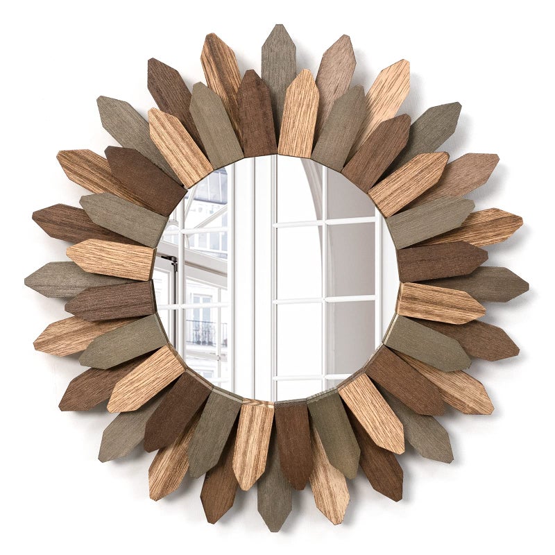Emfogo Wall Mirror 12 inch Rustic Wood Sunburst Boho Mirror Farmhouse Wall Decor Room Decor Home Decor for Bedroom Living Room Entryway TriColor