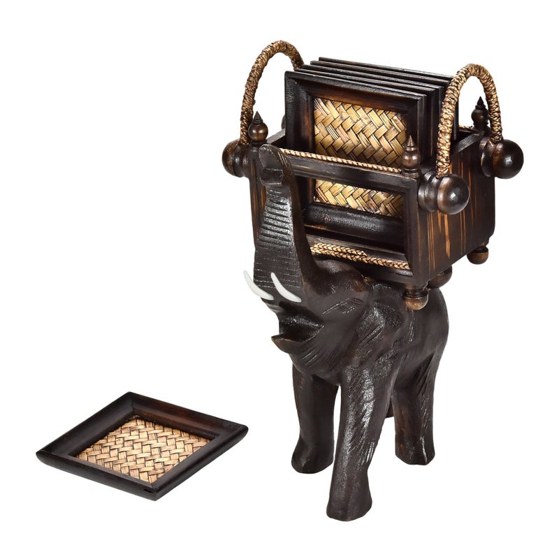 AeraVida Powerful  Majestic Thai Elephant Carriage Handcarved 6 Piece Wooden Coaster Set with Rattan Accents  Unique ElephantThemed Rustic Coaster Set for Home Decor