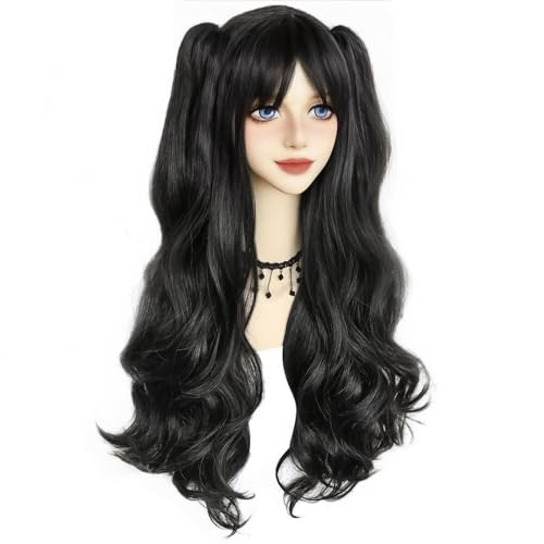 ANOGOL Hair Cap+ Black Pigtail Wigs Nadja Wig Rin Tohsak Wig Long Black Cosplay Wigs Women Girls Lolita 2 Ponytails with Clips Synthetic Hair for Halloween Costume Party - Image 5