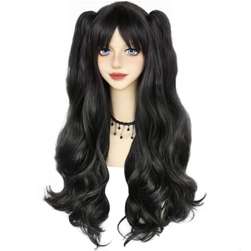 ANOGOL Hair Cap+ Black Pigtail Wigs Nadja Wig Rin Tohsak Wig Long Black Cosplay Wigs Women Girls Lolita 2 Ponytails with Clips Synthetic Hair for Halloween Costume Party - Image 1