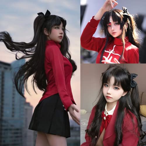 ANOGOL Hair Cap+ Black Pigtail Wigs Nadja Wig Rin Tohsak Wig Long Black Cosplay Wigs Women Girls Lolita 2 Ponytails with Clips Synthetic Hair for Halloween Costume Party - Image 2