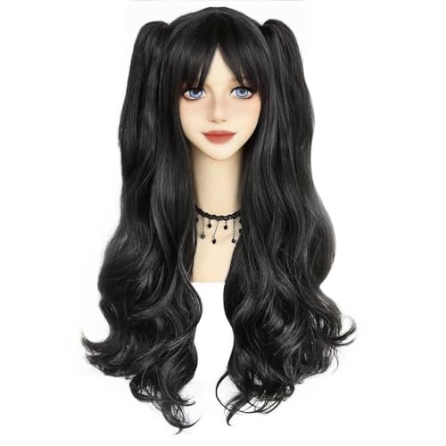 ANOGOL Hair Cap+ Black Pigtail Wigs Nadja Wig Rin Tohsak Wig Long Black Cosplay Wigs Women Girls Lolita 2 Ponytails with Clips Synthetic Hair for Halloween Costume Party - Image 4