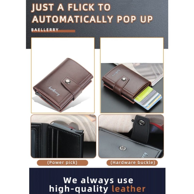Leather Wallets for Men, Slim Minimalist Wallet Credit Card Holder Wallet Pop Up Design, RFID Blocking Metal Bank Card Case with Coins Pocket, ID Window, Hold up to 8 Cards, Button Lock, Brown - Image 3
