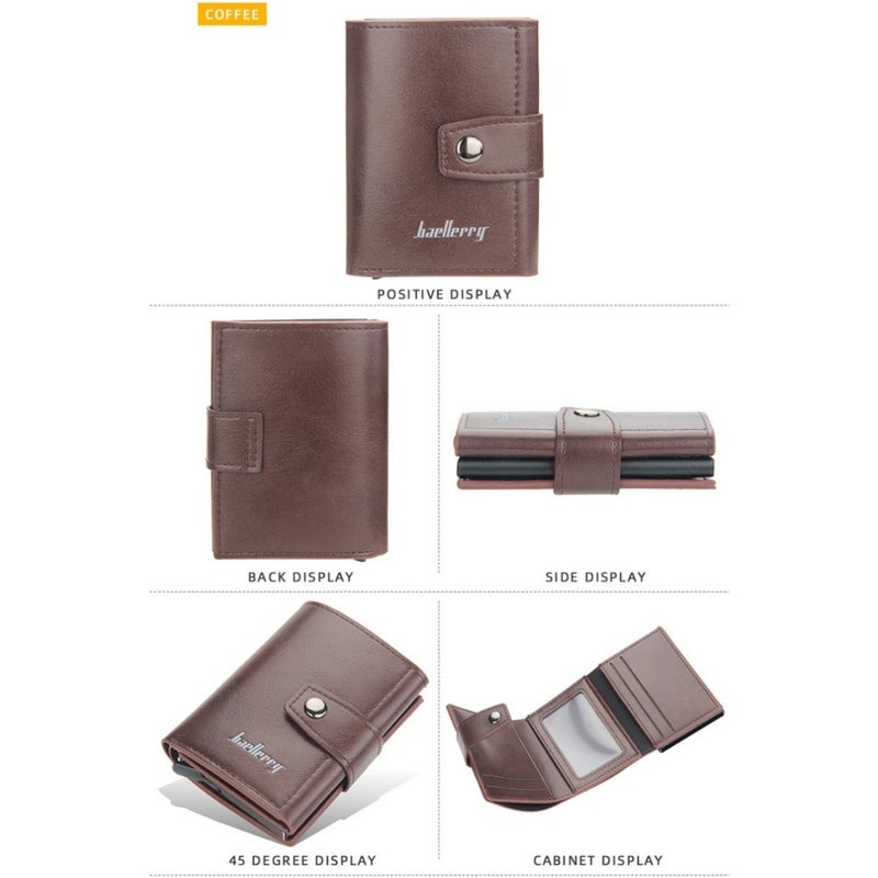 Leather Wallets for Men, Slim Minimalist Wallet Credit Card Holder Wallet Pop Up Design, RFID Blocking Metal Bank Card Case with Coins Pocket, ID Window, Hold up to 8 Cards, Button Lock, Brown - Image 2