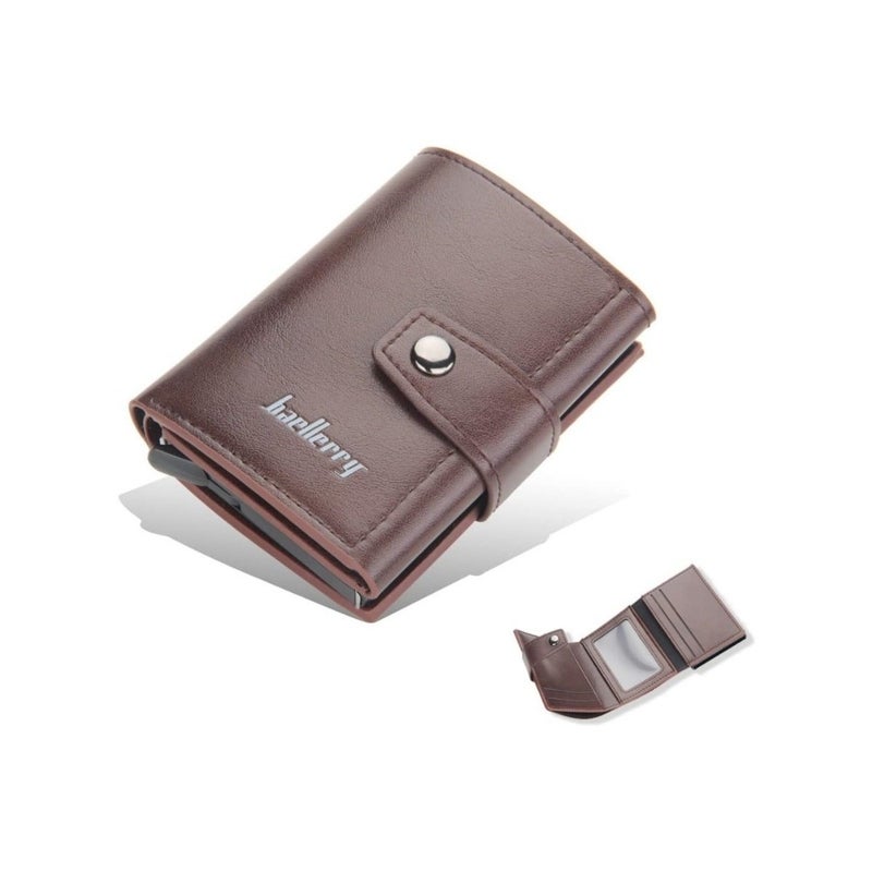 Leather Wallets for Men, Slim Minimalist Wallet Credit Card Holder Wallet Pop Up Design, RFID Blocking Metal Bank Card Case with Coins Pocket, ID Window, Hold up to 8 Cards, Button Lock, Brown - Image 1