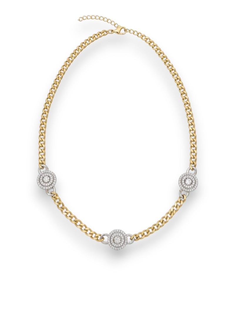 كوليه بسلسلة عريضة مطلية باللون الذهبي ، تتوسطها ثلاث وحدات دائرية متماثلة، بشكل هالة أو وردة باللون الفضي اللامع - وصلات إضافية لضبط المقاس. - Image 1