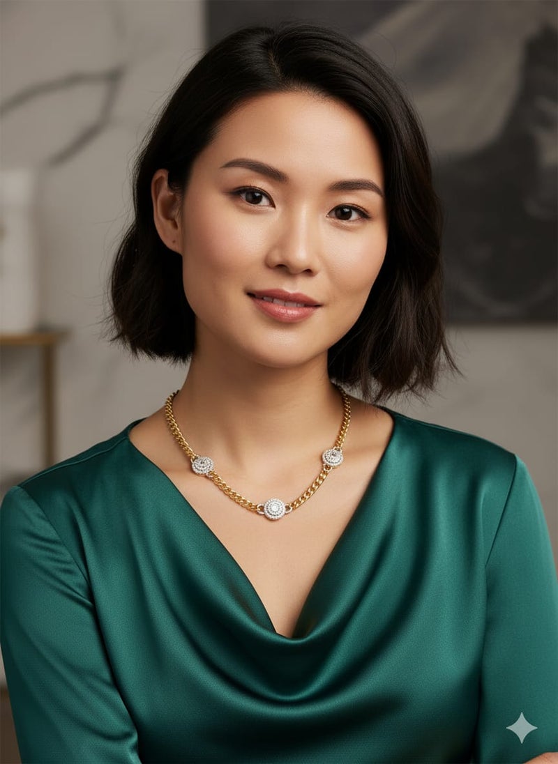 كوليه بسلسلة عريضة مطلية باللون الذهبي ، تتوسطها ثلاث وحدات دائرية متماثلة، بشكل هالة أو وردة باللون الفضي اللامع - وصلات إضافية لضبط المقاس. - Image 4