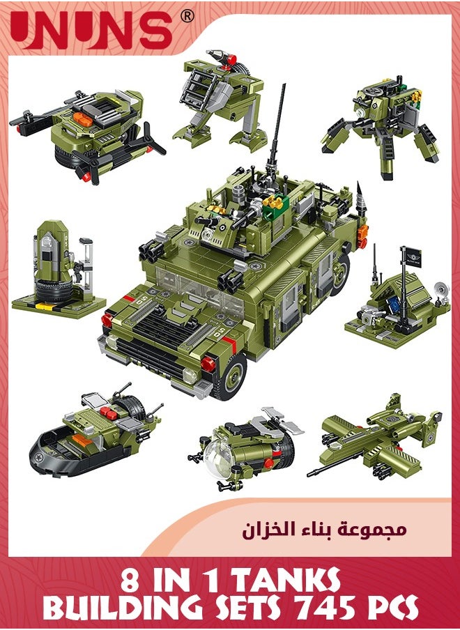 UNUNS 745Pcs Tanks Building Toy,8-in-1 Tank Building Blocks Toys,STEM Building Set For Kids 6-12 Years Old,Army Helicopter Toys Gift For Boys Girls 6 7 8 9 10 11 12 Years Old  - Image 1
