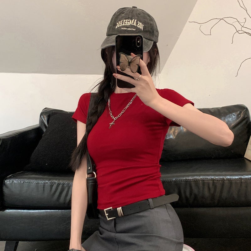 220G Summer Design Slim-Fit Flattering Short-Sleeve T-Shirt For Women In Red With A Structured Cut - Image 2