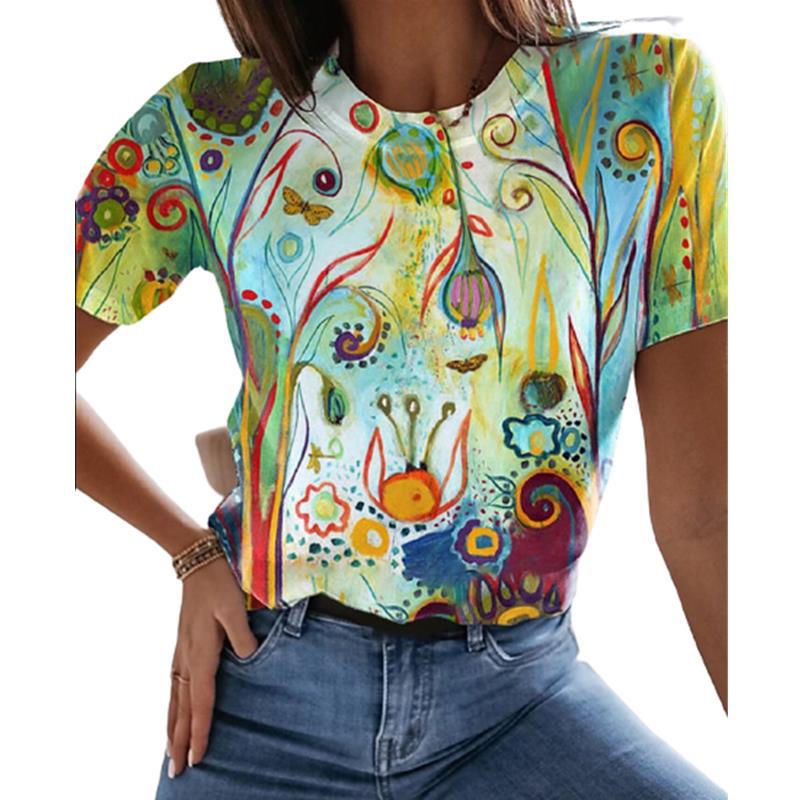 Color-added 2021 AliExpress Pullover Round Neck Abstract Painting Style Printed Street Trendy Short-sleeved Multicolor Loose T-shirt - Image 2
