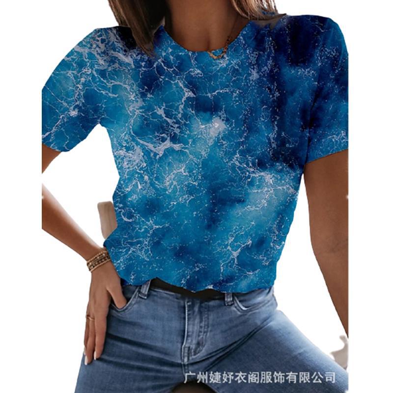 Color-added 2021 AliExpress Pullover Round Neck Abstract Painting Style Printed Street Trendy Short-sleeved Multicolor Loose T-shirt - Image 4