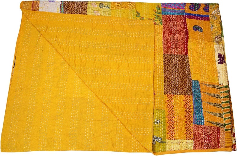 Silk Patchwork Kantha Quilt Single Double Bedspread Quilted Coverlet Throw Blanket Yellow Baby  - Image 4