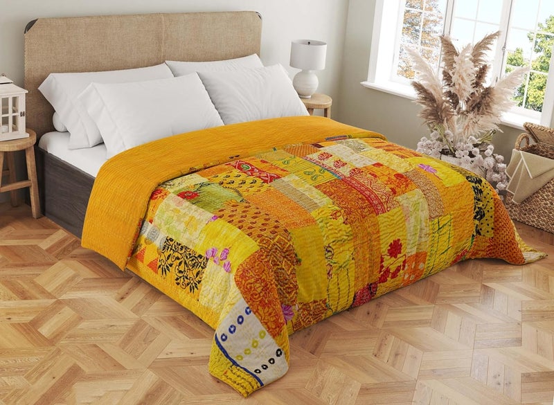Silk Patchwork Kantha Quilt Single Double Bedspread Quilted Coverlet Throw Blanket Yellow Baby  - Image 1