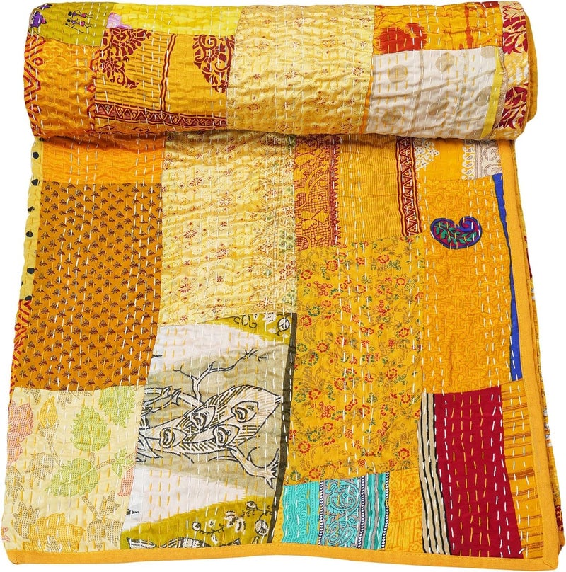 Silk Patchwork Kantha Quilt Single Double Bedspread Quilted Coverlet Throw Blanket Yellow Baby  - Image 2