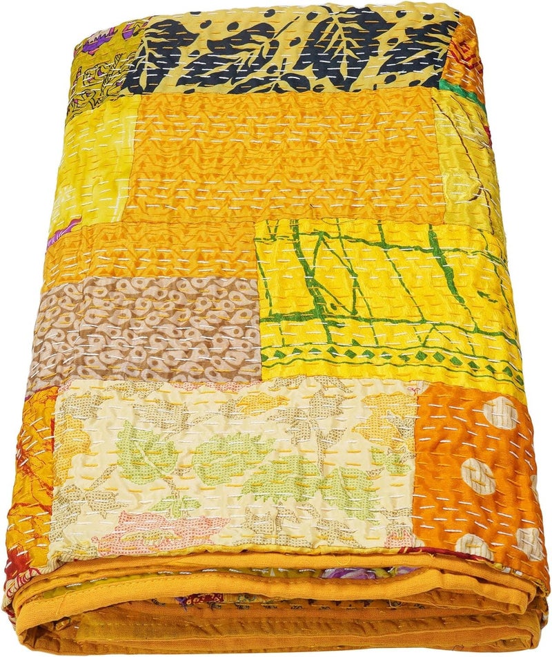 Silk Patchwork Kantha Quilt Single Double Bedspread Quilted Coverlet Throw Blanket Yellow Baby  - Image 5