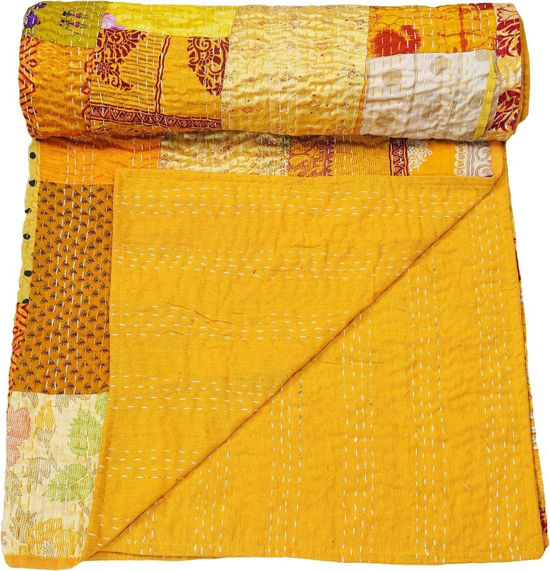 Silk Patchwork Kantha Quilt Single Double Bedspread Quilted Coverlet Throw Blanket Yellow Baby  - Image 3