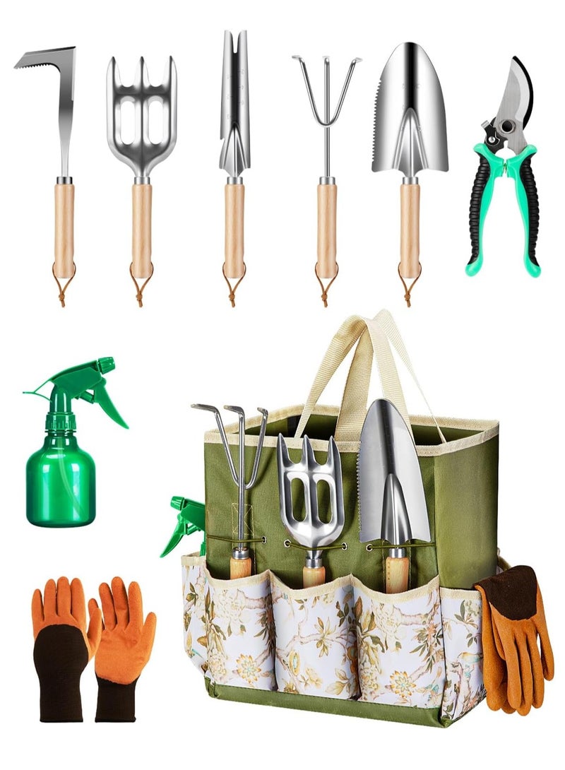 ONLYMAY 9-Piece Premium Gardening Tool Set for Women - Heavy Duty Stainless Steel Rust-Proof Tools with Fashion Storage Tote | Perfect Gardening Gifts for Mom, Mother's Day, Birthday & Outdoor (Green) - Image 1
