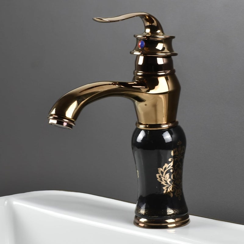 InArt Black Rose Gold Finish Basin Pillar Cock Tap Faucet for Wash Basin, Hot & Cold Water Mixer, Single Handle, Waterfall Design, Table Mount/Deck Mount (Black Rose Gold) - Image 1