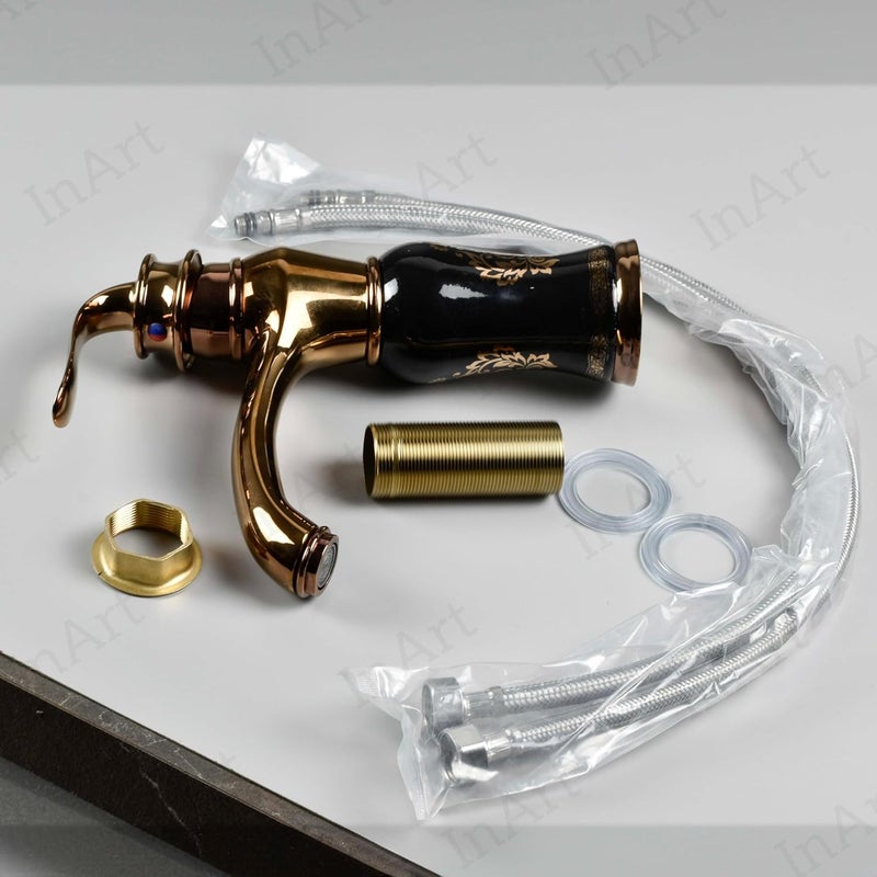 InArt Black Rose Gold Finish Basin Pillar Cock Tap Faucet for Wash Basin, Hot & Cold Water Mixer, Single Handle, Waterfall Design, Table Mount/Deck Mount (Black Rose Gold) - Image 2