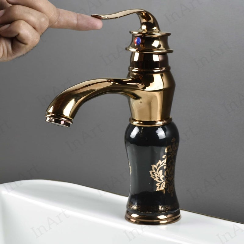 InArt Black Rose Gold Finish Basin Pillar Cock Tap Faucet for Wash Basin, Hot & Cold Water Mixer, Single Handle, Waterfall Design, Table Mount/Deck Mount (Black Rose Gold) - Image 4