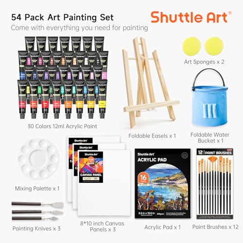 Shuttle Art 54 Pack Acrylic Paint Set Acrylic Painting Set with 30 Colors Acrylic Paint Wooden Easel Painting Canvas Paint Brushes Palette Art Painting Supplies for Kids Adults Beginner Artists - Image 3