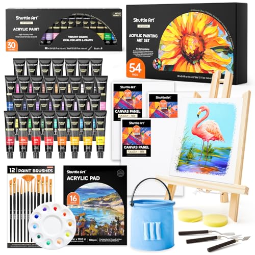 Shuttle Art 54 Pack Acrylic Paint Set Acrylic Painting Set with 30 Colors Acrylic Paint Wooden Easel Painting Canvas Paint Brushes Palette Art Painting Supplies for Kids Adults Beginner Artists - Image 1