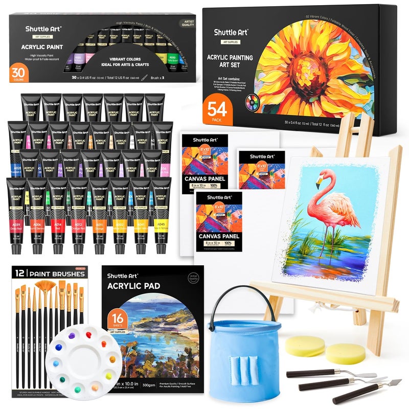 Shuttle Art 54 Pack Acrylic Paint Set Acrylic Painting Set with 30 Colors Acrylic Paint Wooden Easel Painting Canvas Paint Brushes Palette Art Painting Supplies for Kids Adults Beginner Artists - Image 2