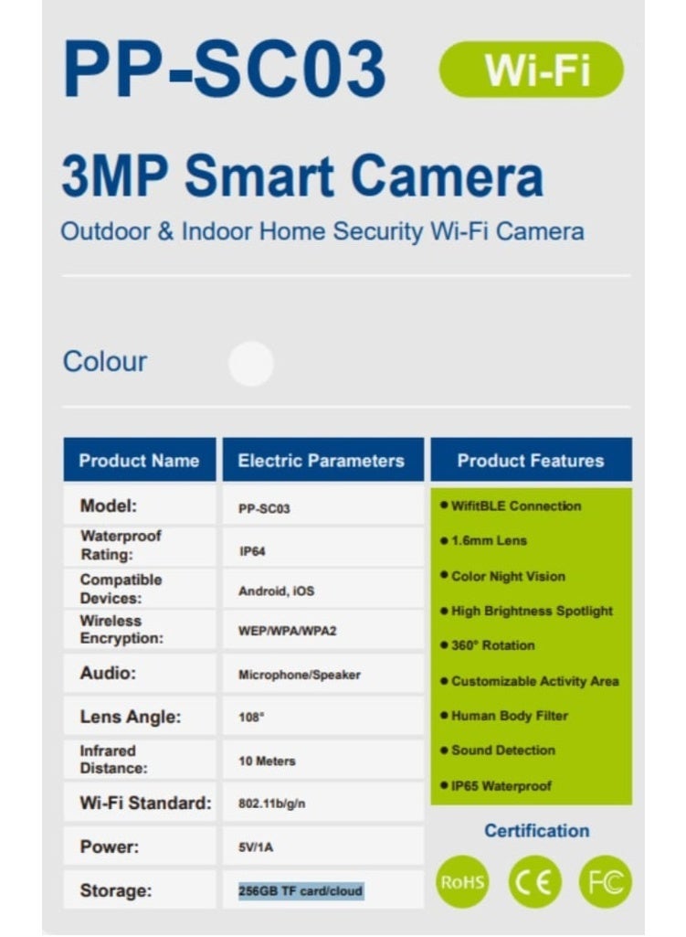 Phone Planet SCO3 Smart Wi Fi Security Camera 3MP IP65 Waterproof Two Way Audio Support and Up to 256GB Memory Card - Image 2