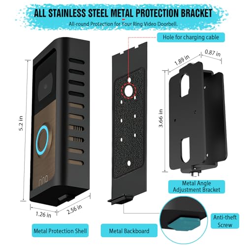 PUUUCI Anti-Theft Doorbell Mount with Adjustable Angle(45-135 Degrees),Upgraded Steel Metal Bracket for Ring Battery Video Doorbell 2/3/4/(2020 Release)/(2024 Release)/Plus/Pro Cover Holder Not Block Sensor - Image 3